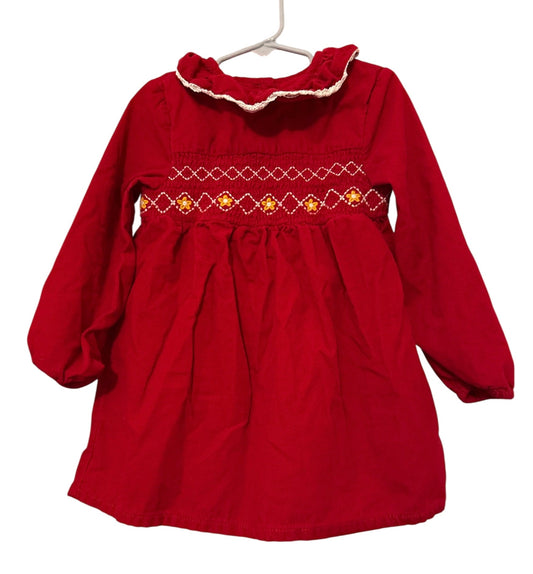 #146 - REDUCED 4T Red Smocked Long Sleeve Corduroy Dress with Flower Detailing