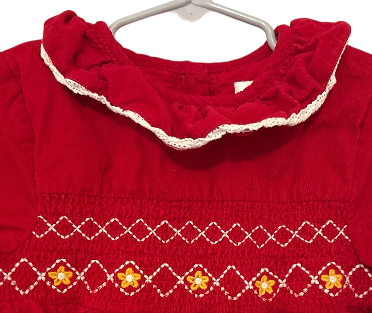 #146 - REDUCED 4T Red Smocked Long Sleeve Corduroy Dress with Flower Detailing