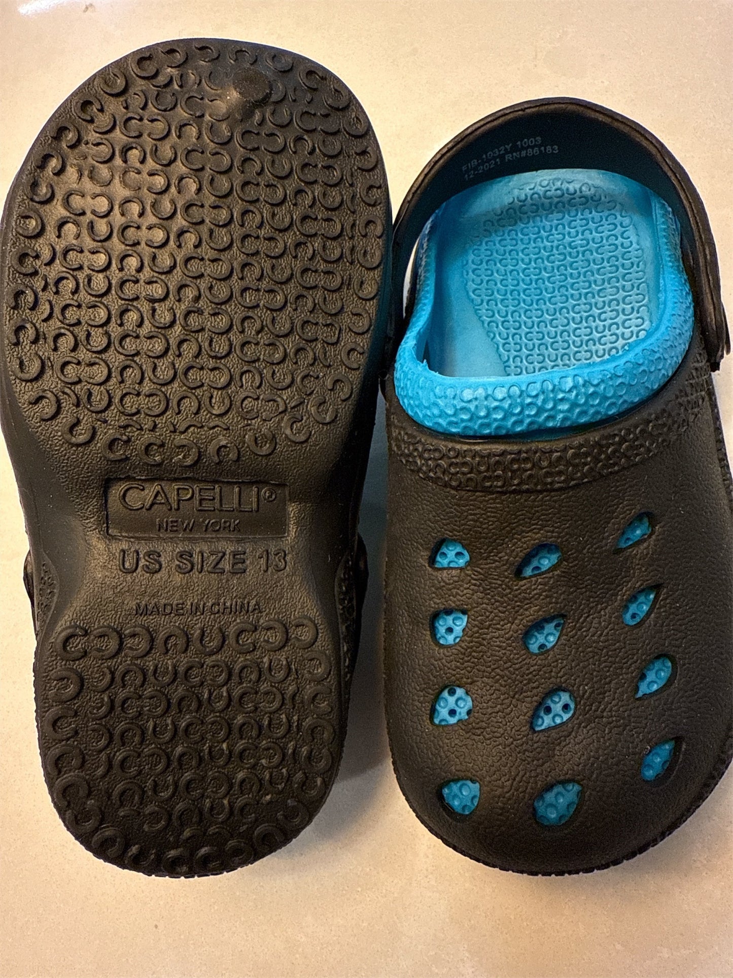 #146 - REDUCED Boys 13 NWOT Black & Blue Croc-Style Shoes