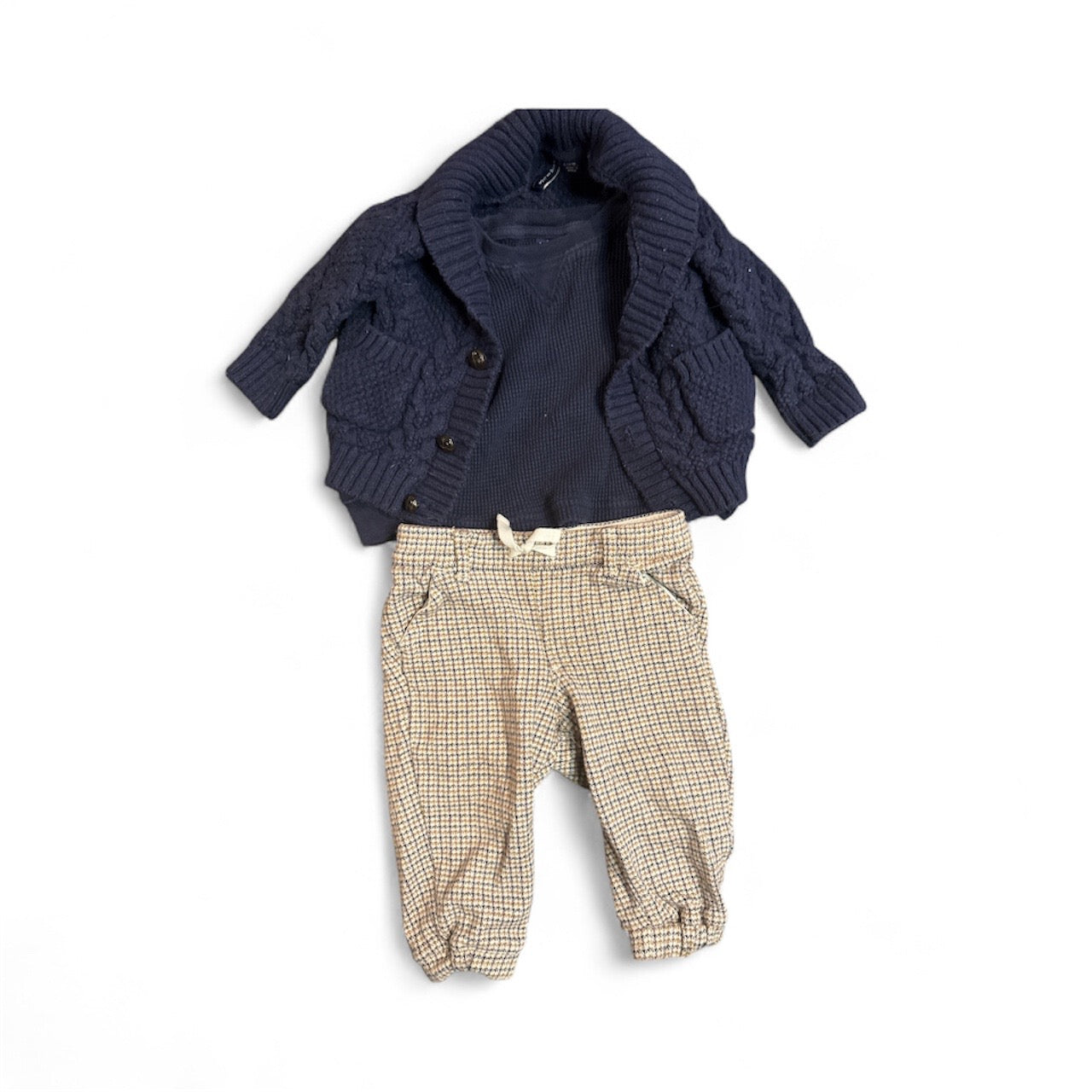 #28 REDUCED Janie & Jack Blue Thermal Shirt Houndstooth Pants and Chunky Knit Cardigan Bundle Size 6-12M