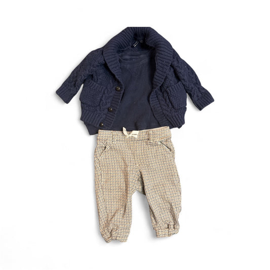 #28 REDUCED Janie & Jack Blue Thermal Shirt Houndstooth Pants and Chunky Knit Cardigan Bundle Size 6-12M