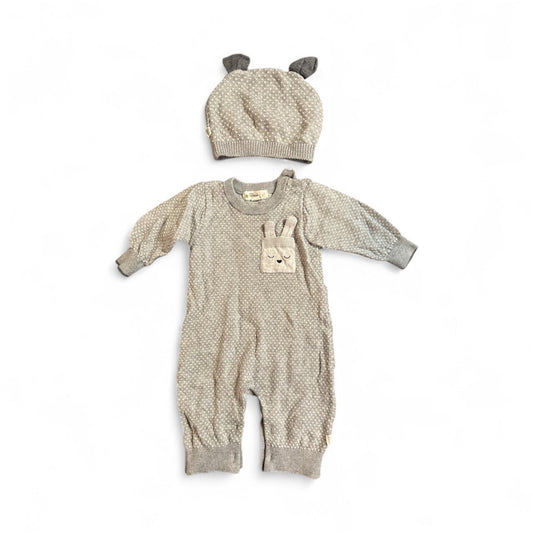 #28 REDUCED The Bonnie Mob Bunny Pocket Knit Coverall with Matching Hat Size 0-3M