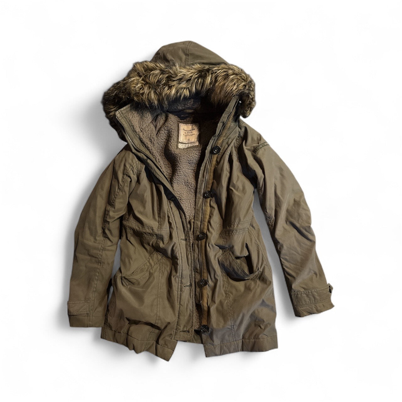 #28 REDUCED Womens Abercrombie Sherpa Lined Faux Fur Hooded Winter Jacket Size X-Small