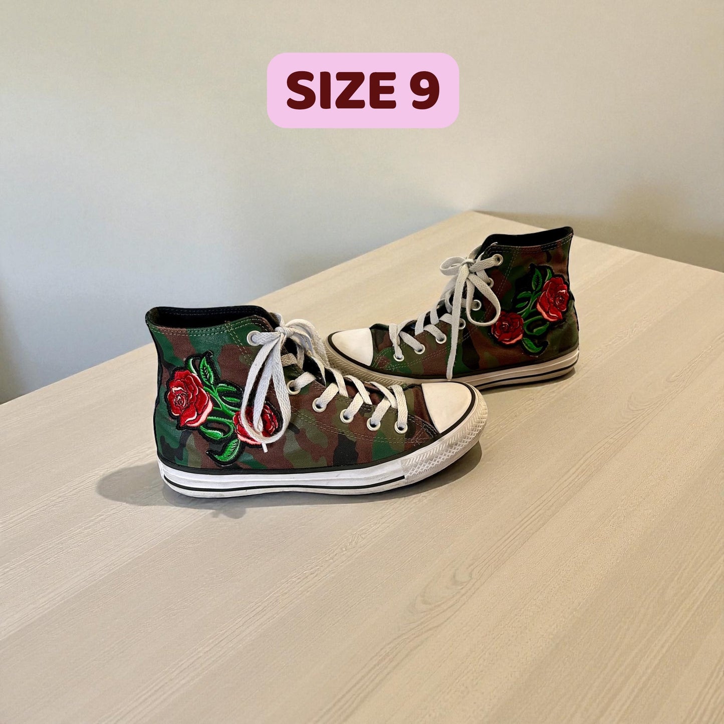 #77 GUC Camo Converse All Star w/ Rose, Women’s 8
