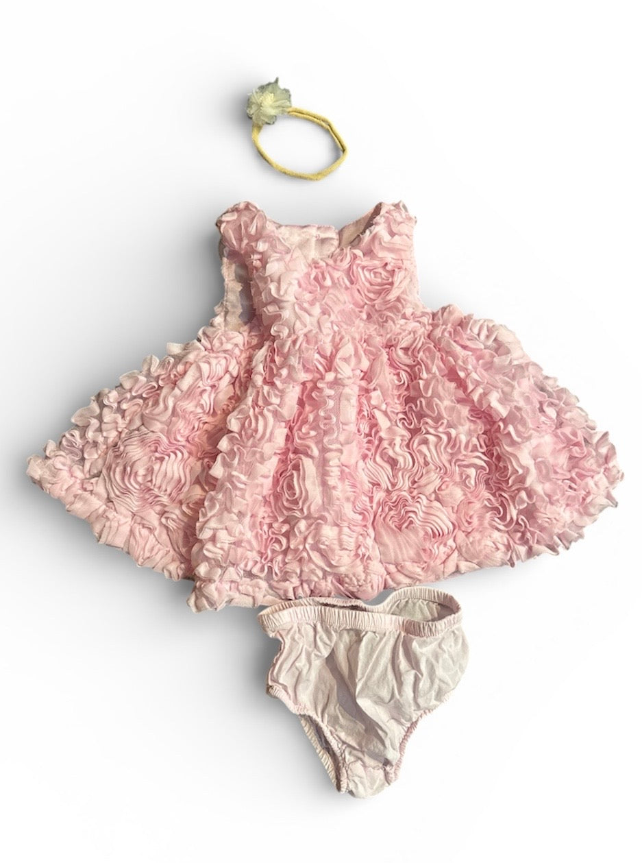 #190 REDUCED  Baby Girl Pink Rosette Dress and Headband Bundle Size 6-9M
