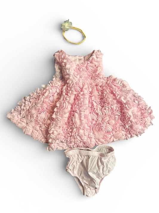 #190 REDUCED  Baby Girl Pink Rosette Dress and Headband Bundle Size 6-9M