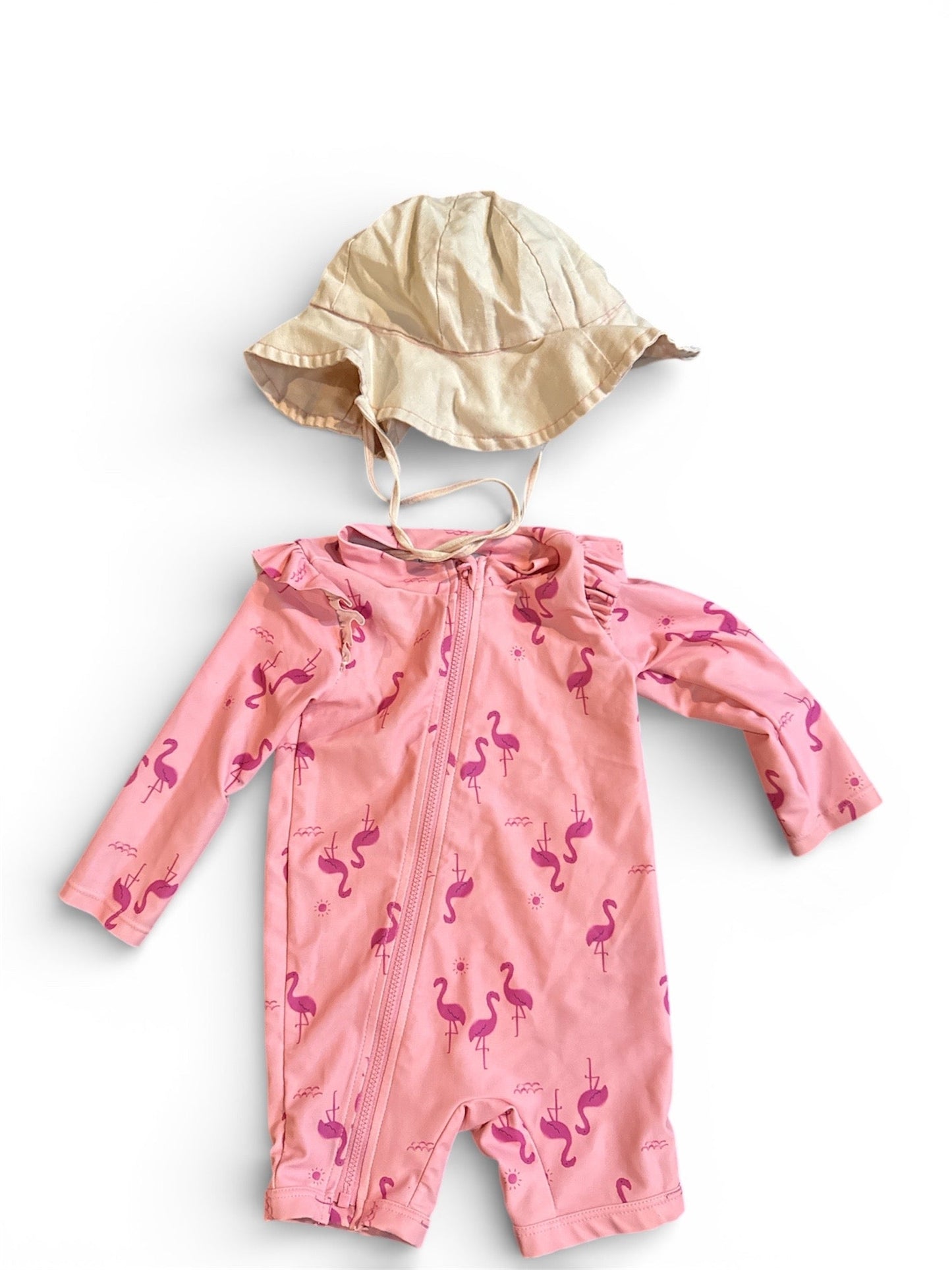 #190 Carters Flamingo Zip-up Swimsuit with Sun Hat Size 6-9M