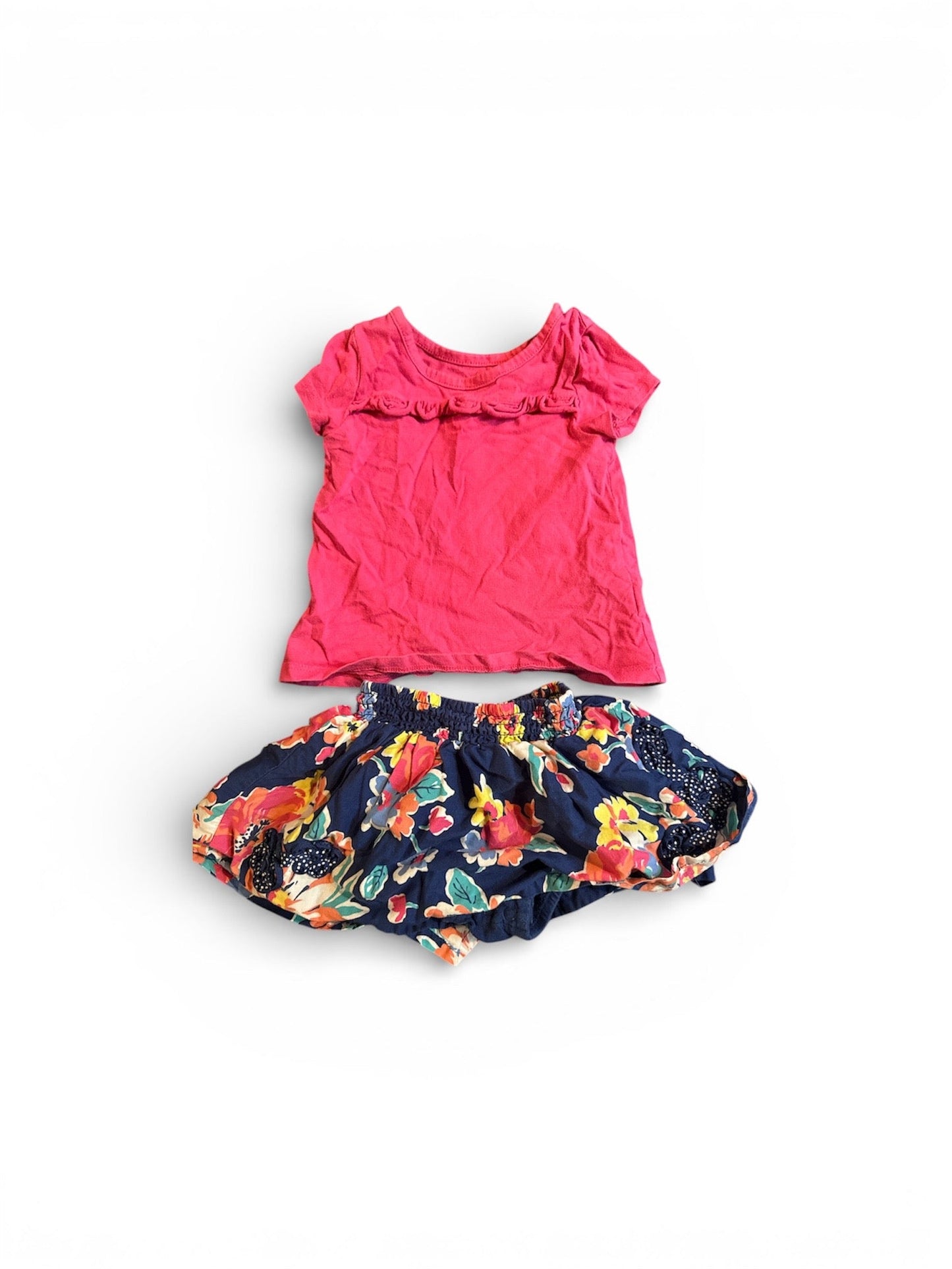 #190 The Children's Place Pink Ruffle Top and Floral Skirt Set Size 9-12M