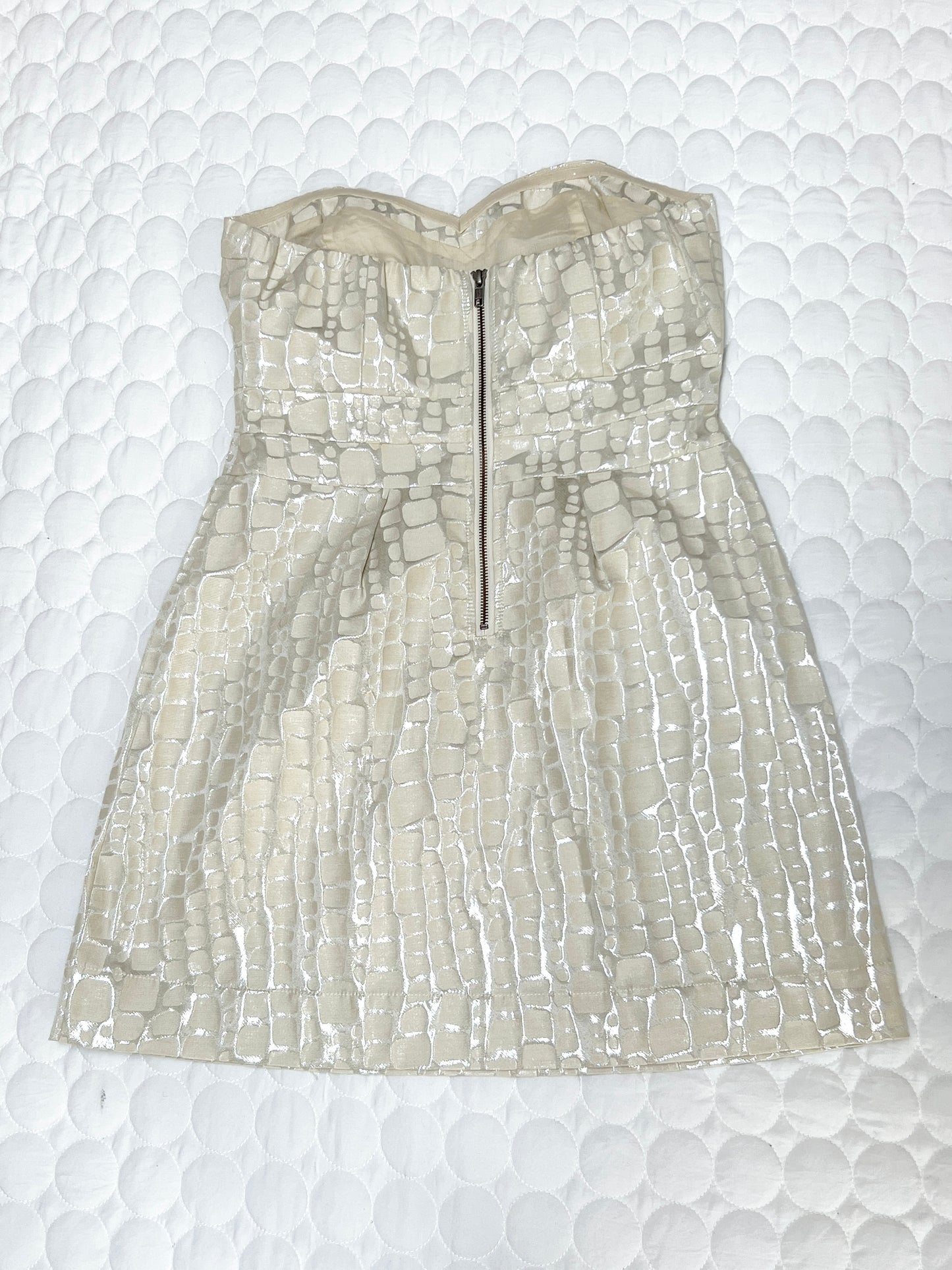 Size 12 American Eagle strapless dress, cream with silver shimmer. New without tags. Exposed zipper on back. $10