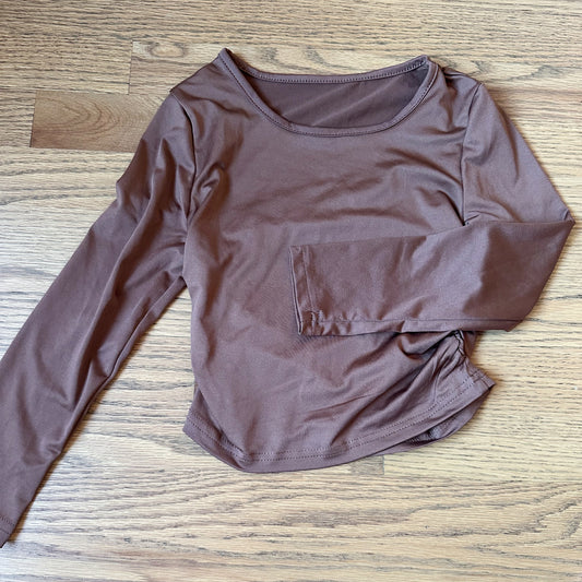 #198- Girls Long Sleeve Brown Athletic/Dance Top- Size 6