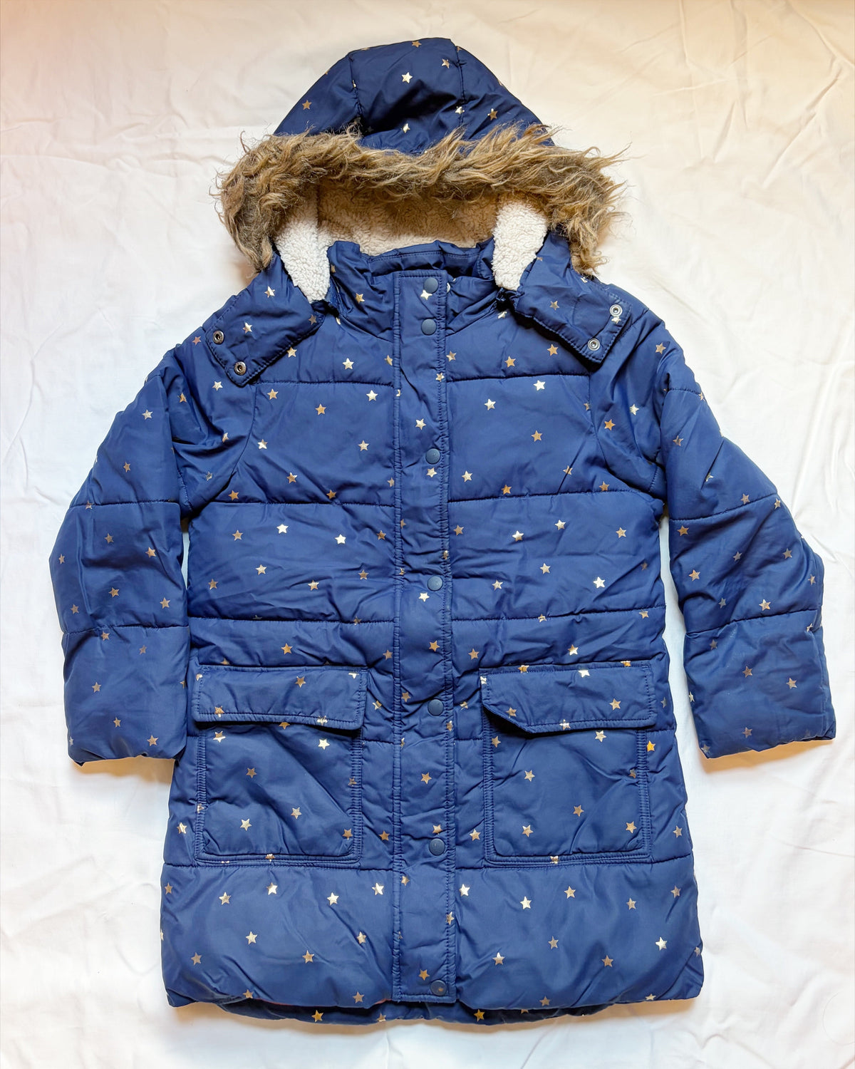#78 Mini Boden Parka Coat Blue with Stars Girls 7-8