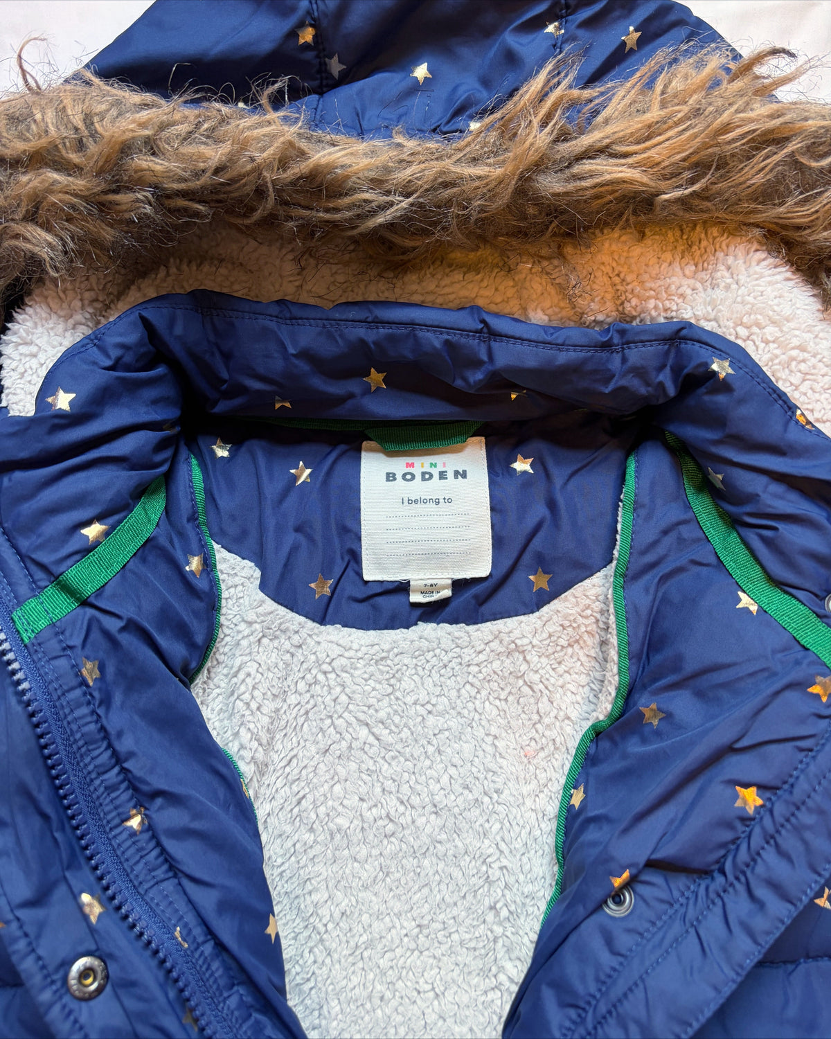 #78 Mini Boden Parka Coat Blue with Stars Girls 7-8