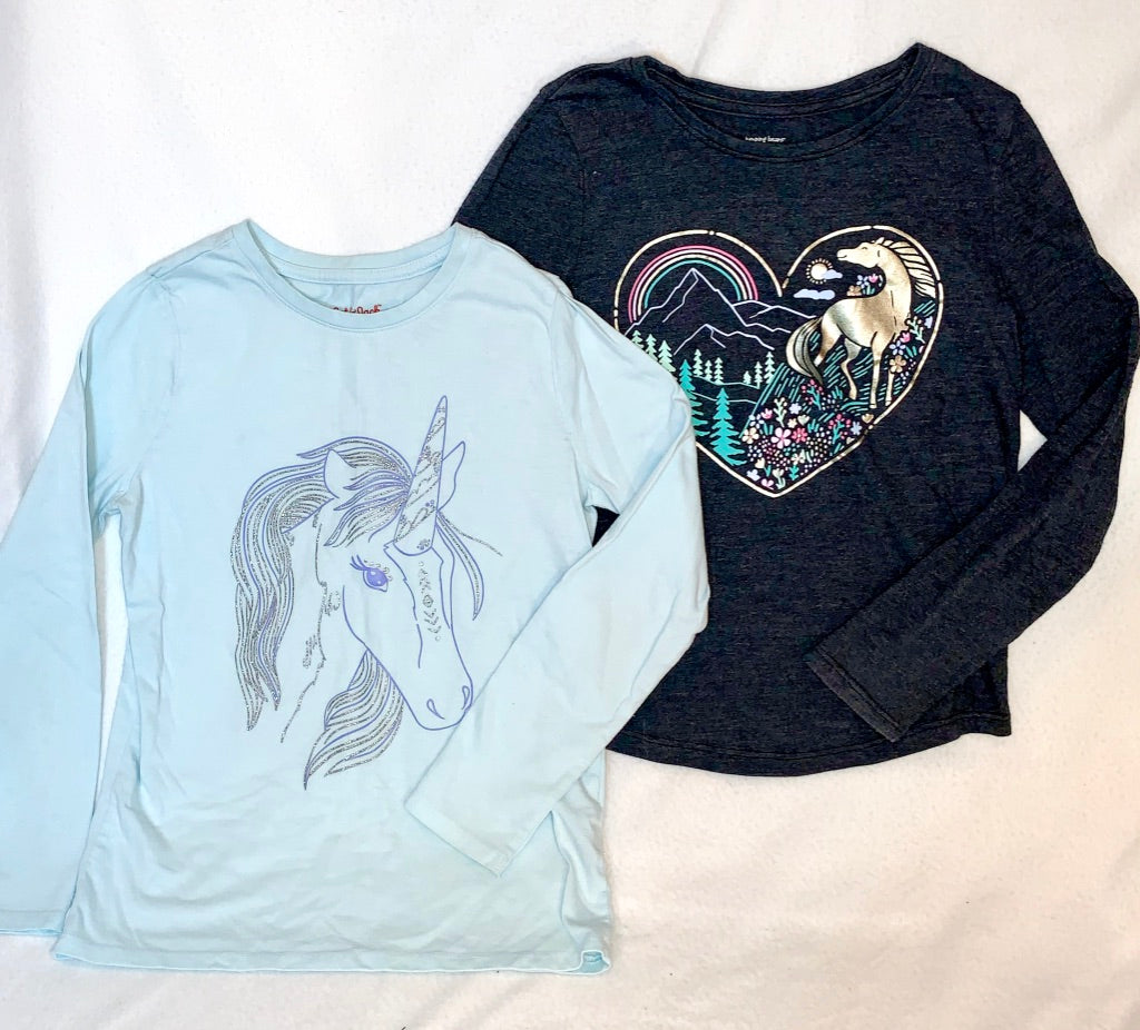 Seller #151 - REDUCED - Size 7 and 7/8 - Horse / Unicorn Themed Graphic Tees - light blue and dark grey