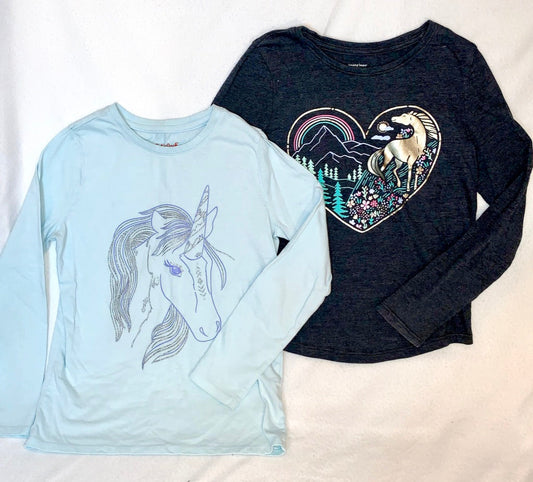 Seller #151 - REDUCED - Size 7 and 7/8 - Horse / Unicorn Themed Graphic Tees - light blue and dark grey