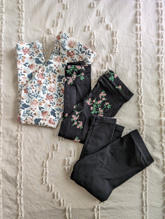 3-piece legging set, white floral (2T) + black floral (18-24mo) + black (18mo)