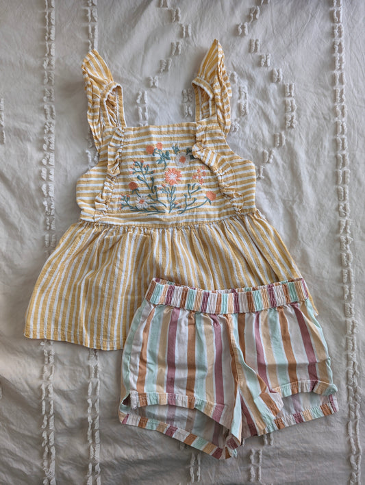 2-piece outfit, floral striped top (2T) + sherbet colored striped shorts (18mo)
