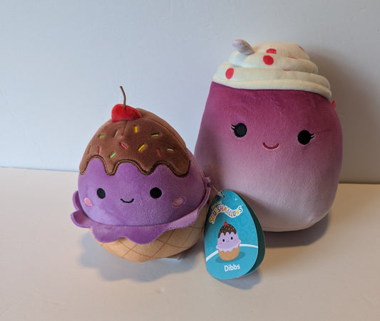 #17 2 Squishmallows 5"- Dibbs Ice Cream Sundae, 8"- Drink EUC