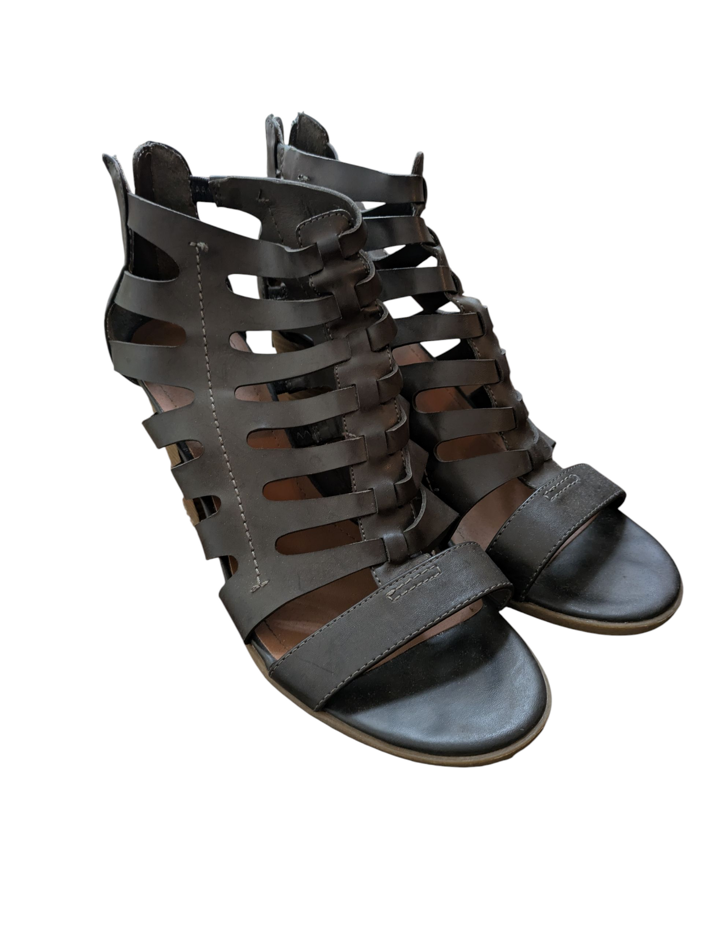#52 Indigo Road Size 10.5 Gray-Green gladiator heeled sandals with zip-back