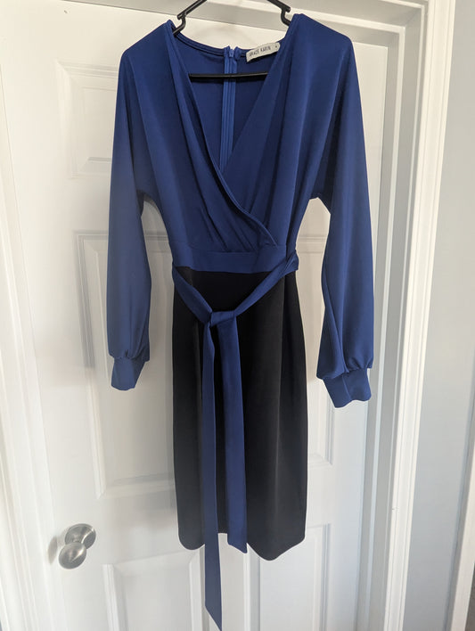 #17 Blue and Black faux wrap dress, M, NWOT