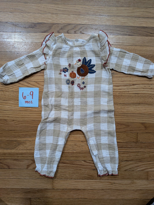 206 Mudpie Thanksgiving Romper with Turkey Applique Girls 6-9 mos
