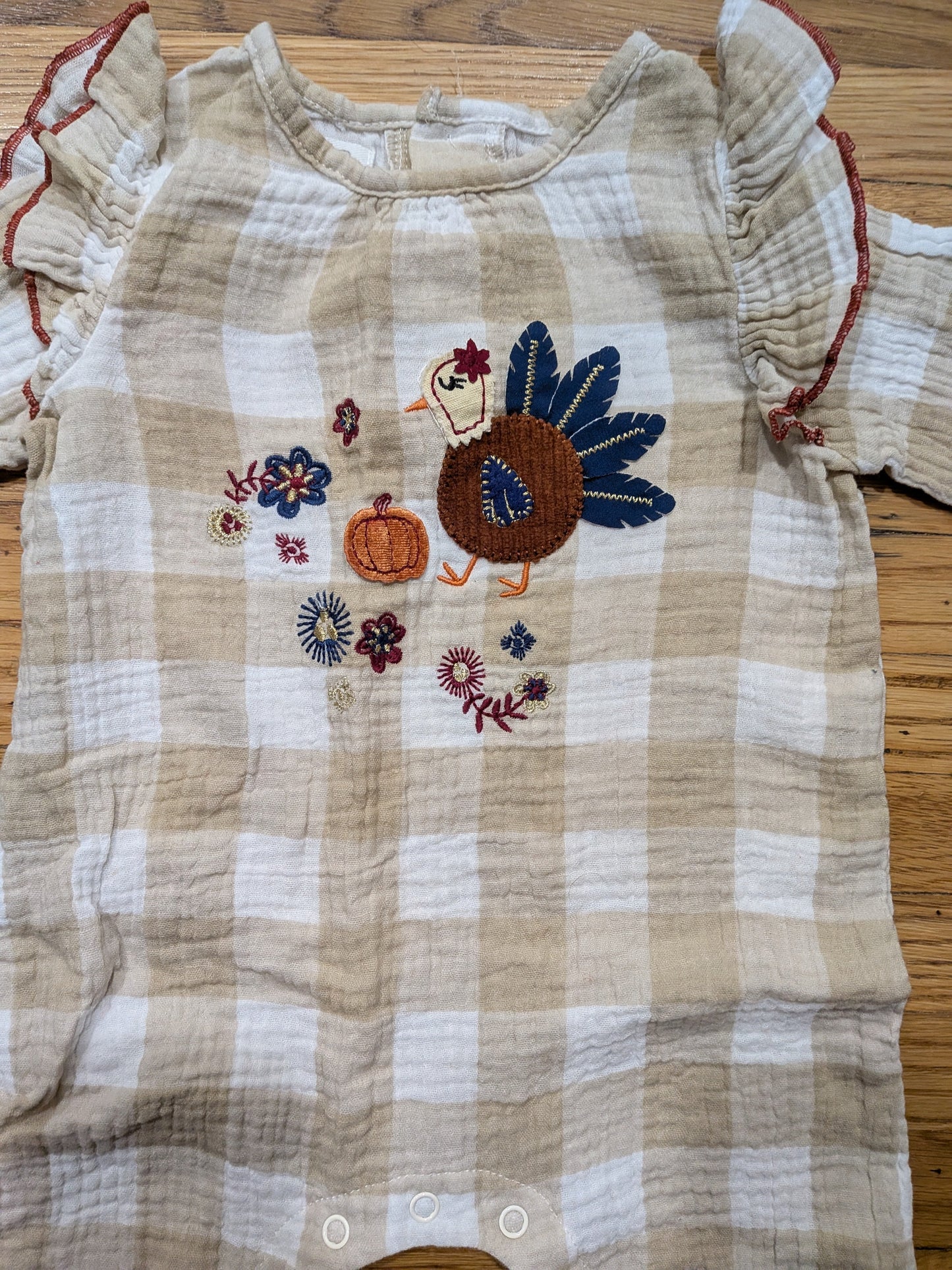206 Mudpie Thanksgiving Romper with Turkey Applique Girls 6-9 mos