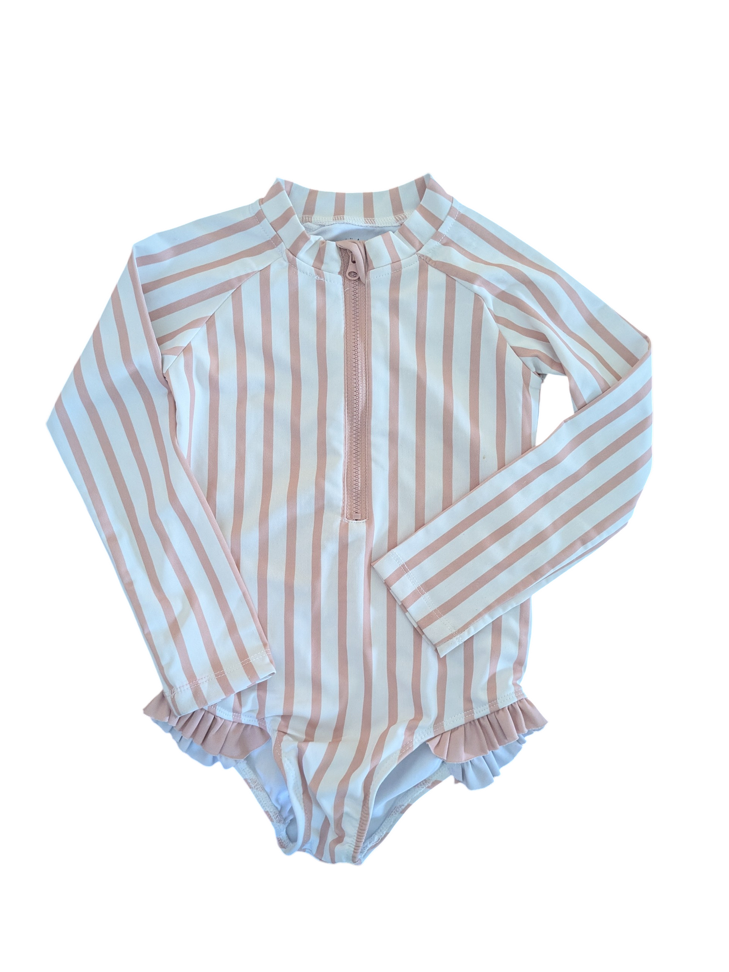 #52 Lila & Jack 3T Girls Pink and White Stripe Swimsuit with Ruffle detail