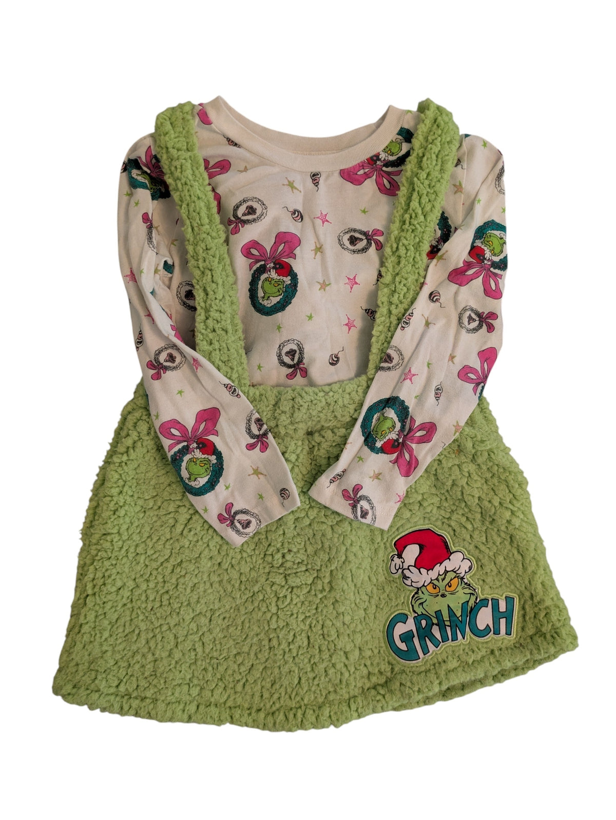 #52 Grinch Girls 4T Shearling Jumper and Long Sleeve Tshirt Set