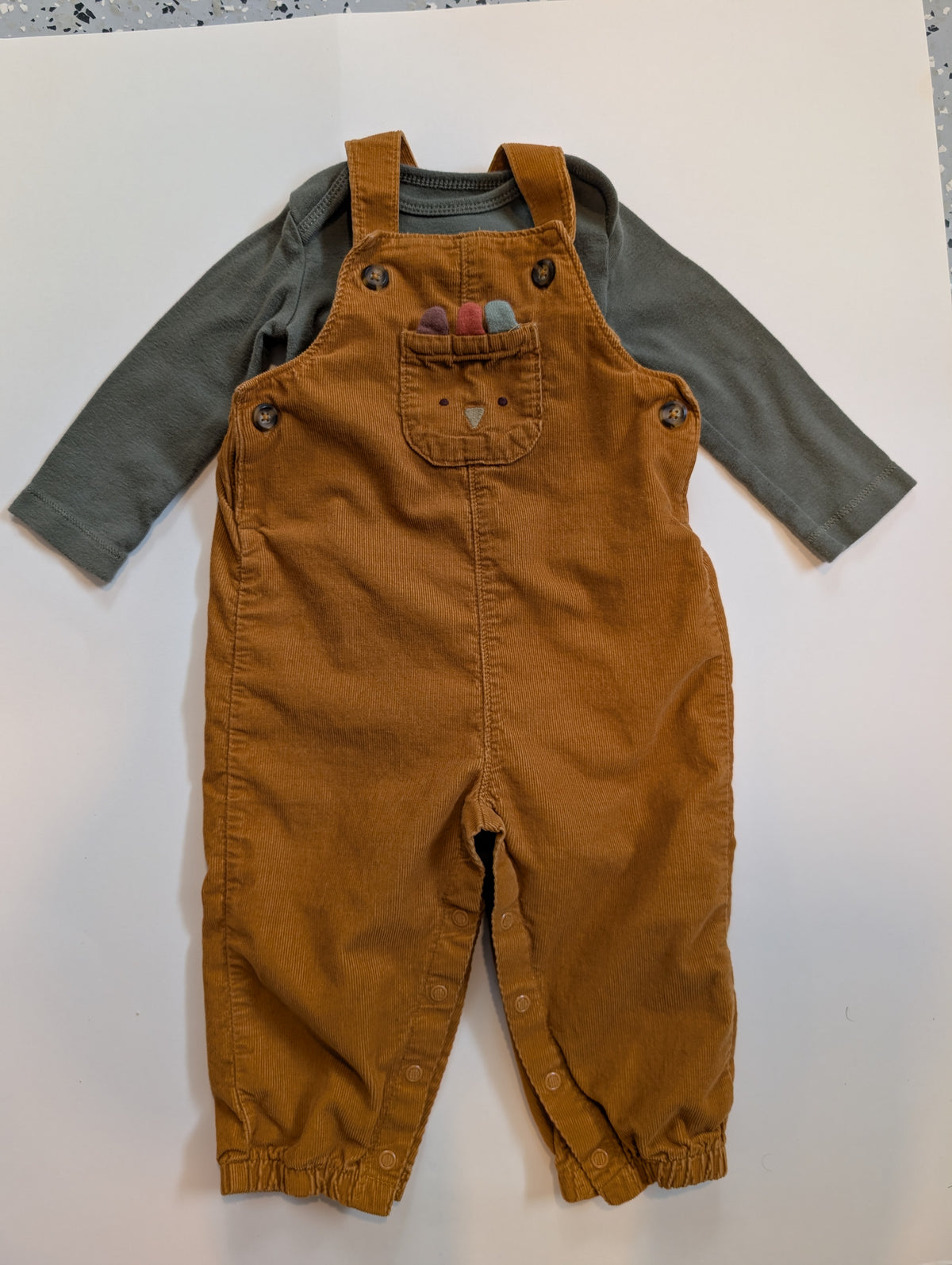 #11 Cat & Jack Turkey Overalls, Carters long-sleeve onesie, 12 month boy