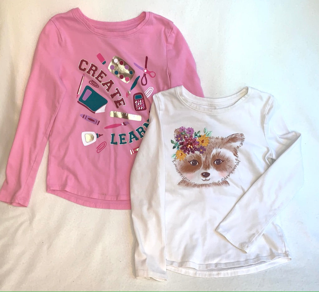 Seller #151 - REDUCED - Size 7/8 Girl - Set of 2 Tops - Pink Create and White Floral Raccoon