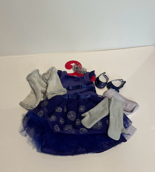 #121 American Girl Doll blue dress with accessories, EUC