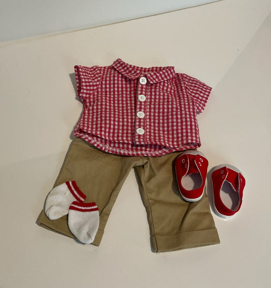 #121 American Girl Doll bitty baby outfit, checkered shirt with khaki pants, EUC