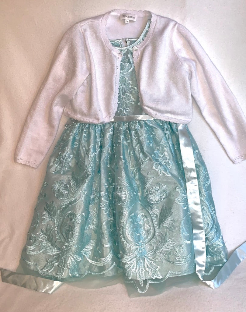 Seller #151 - REDUCED - Size 6 Girl - Holiday Dress in Aqua Lace with White Cropped Cardigan Sweater