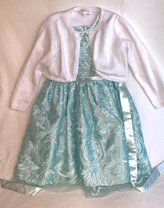 Seller #151 - REDUCED - Size 6 Girl - Holiday Dress in Aqua Lace with White Cropped Cardigan Sweater