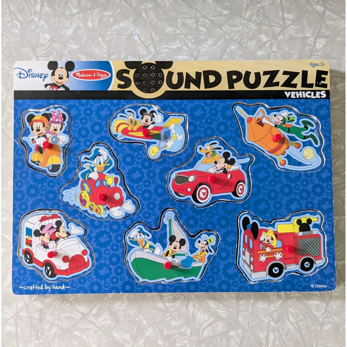 #61 Melissa & Doug Disney Mickey Mouse Vehicles Wooden Peg Puzzle Sound Works! 8 pcs