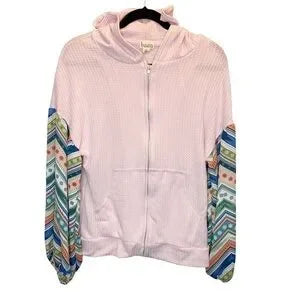 Seller 67 - Baea Thermal Hoodie Zip Up in Pink Suede with Chevron Chiffon Sleeves XS