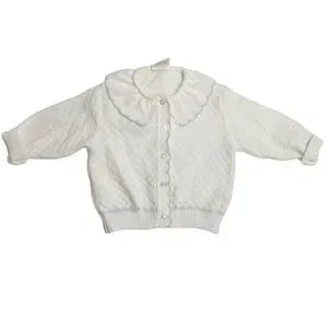 Seller 67 - Vintage Quiltex Baby Cardigan White with Purple Ruffle Peter Pan Collar 12 month