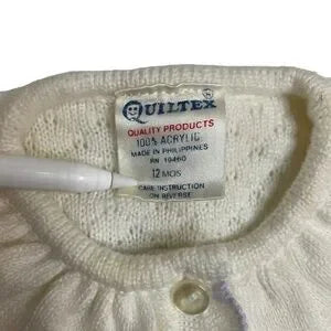 Seller 67 - Vintage Quiltex Baby Cardigan White with Purple Ruffle Peter Pan Collar 12 month