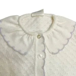 Seller 67 - Vintage Quiltex Baby Cardigan White with Purple Ruffle Peter Pan Collar 12 month