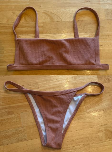 Women's Dusty Rose Textured Bikini Set – Adjustable Strap Top & High Cut Bottom - Size Small