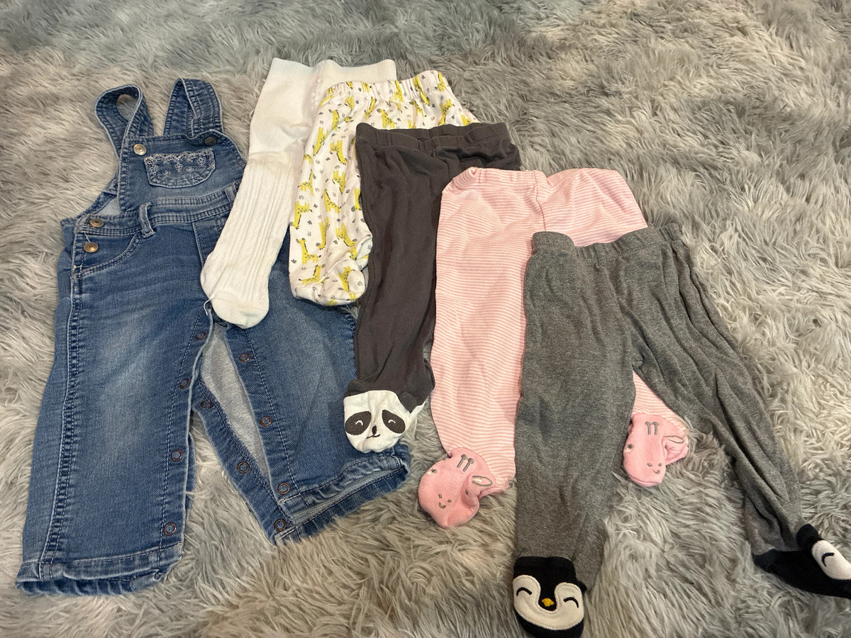 SCO46-girls overalls and footed pants-3-6 months-6 pairs