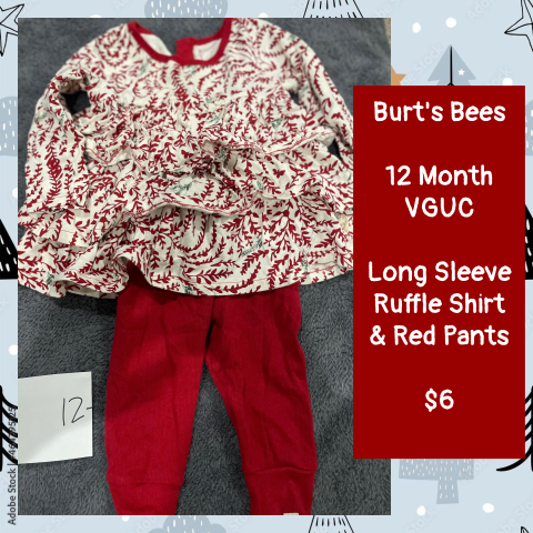 #69 REDUCED 12 Month Long Sleeve Ruffle Shirt & Red Pants