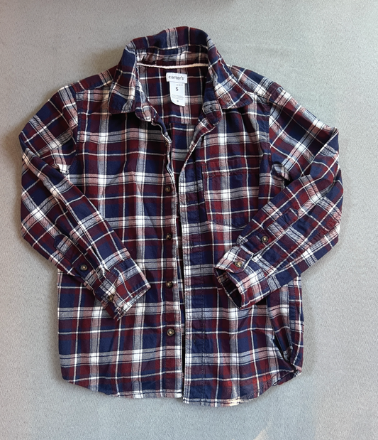 #154 Size 5 Boys burgundy navy plaid flannel, VGUC