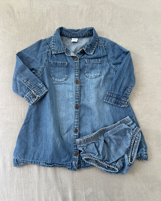 #154 12-18mo Girls Old Navy denim chambray button-down dress with bloomers, VGUC