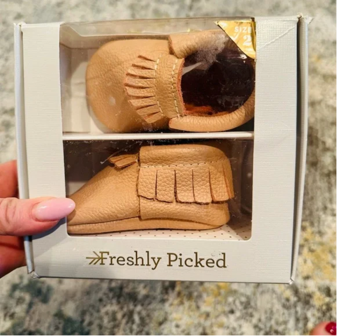 Seller #51: Freshly Picked Tan Baby Moccasins Size 2