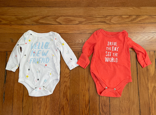 Cat and Jack onesie bundle - 2 gender neutral onesies - "Brave the Day" and "Hello New Friend" - 0-3 months