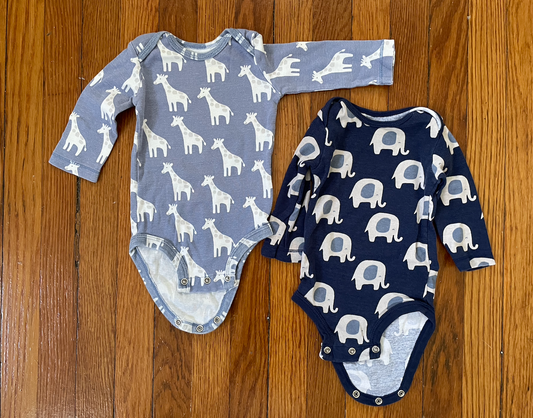 #22B Carters long sleeve onesies - blue giraffe and elephant - size 6 month boys