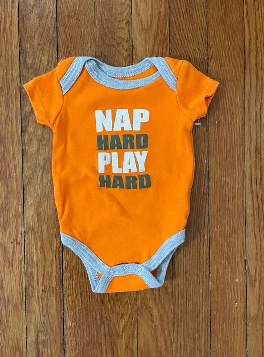 #22B Orange Nap Hard Play Hard onesie - new, never worn - short sleeve onesie - size 3-6 months