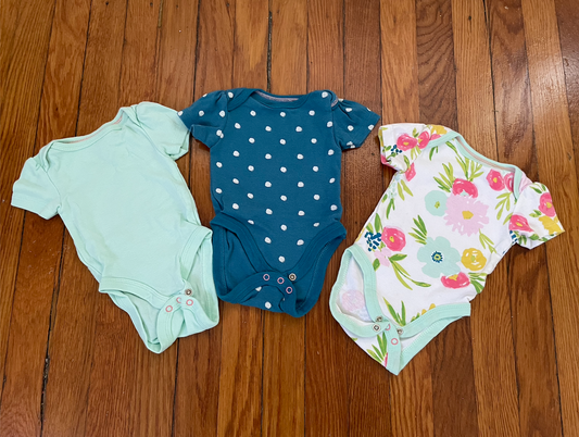 Cloud Island short sleeve onesies - set of 3 - newborn size - floral, polka dot, teal