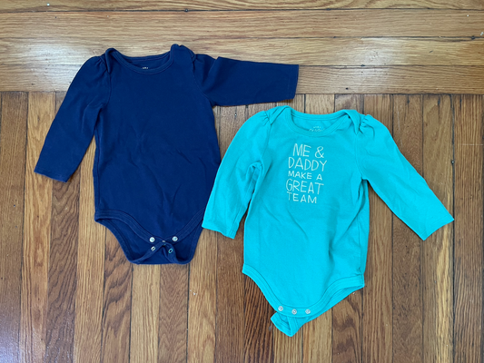 #22B Cat and Jack long sleeve onesie bundle - girls size 6-9 month "Me and Daddy make a great team!" and navy blue solid onesie