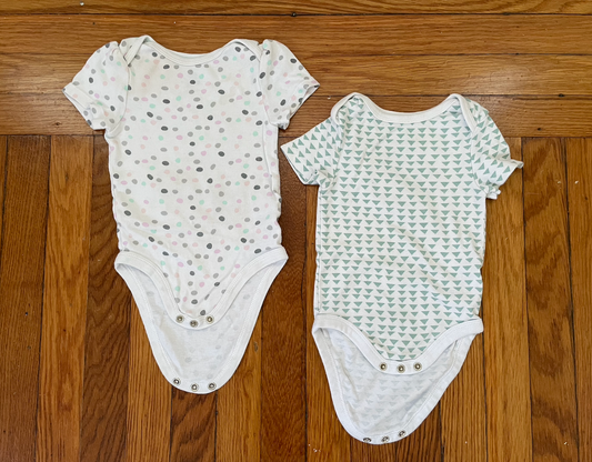 #22B Cloud Island short sleeve onesies - girl size 6-9 months - teal triangles and pink and gray polka dots